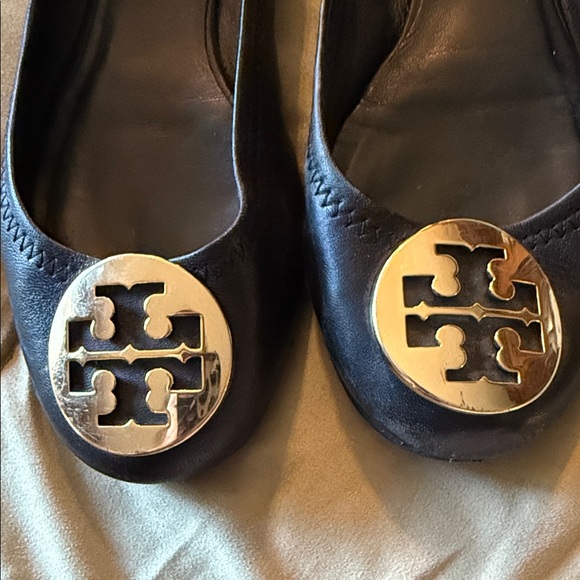 Tory Burch Black Flats with Gold Medallion - Picture 2 of 5